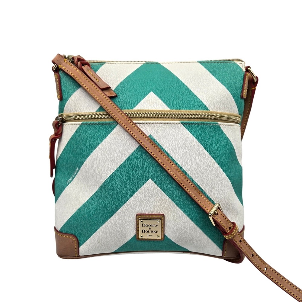 Dooney Bourke Chevron Crossbody Bag Teal White Leather Trim Adjustable Strap